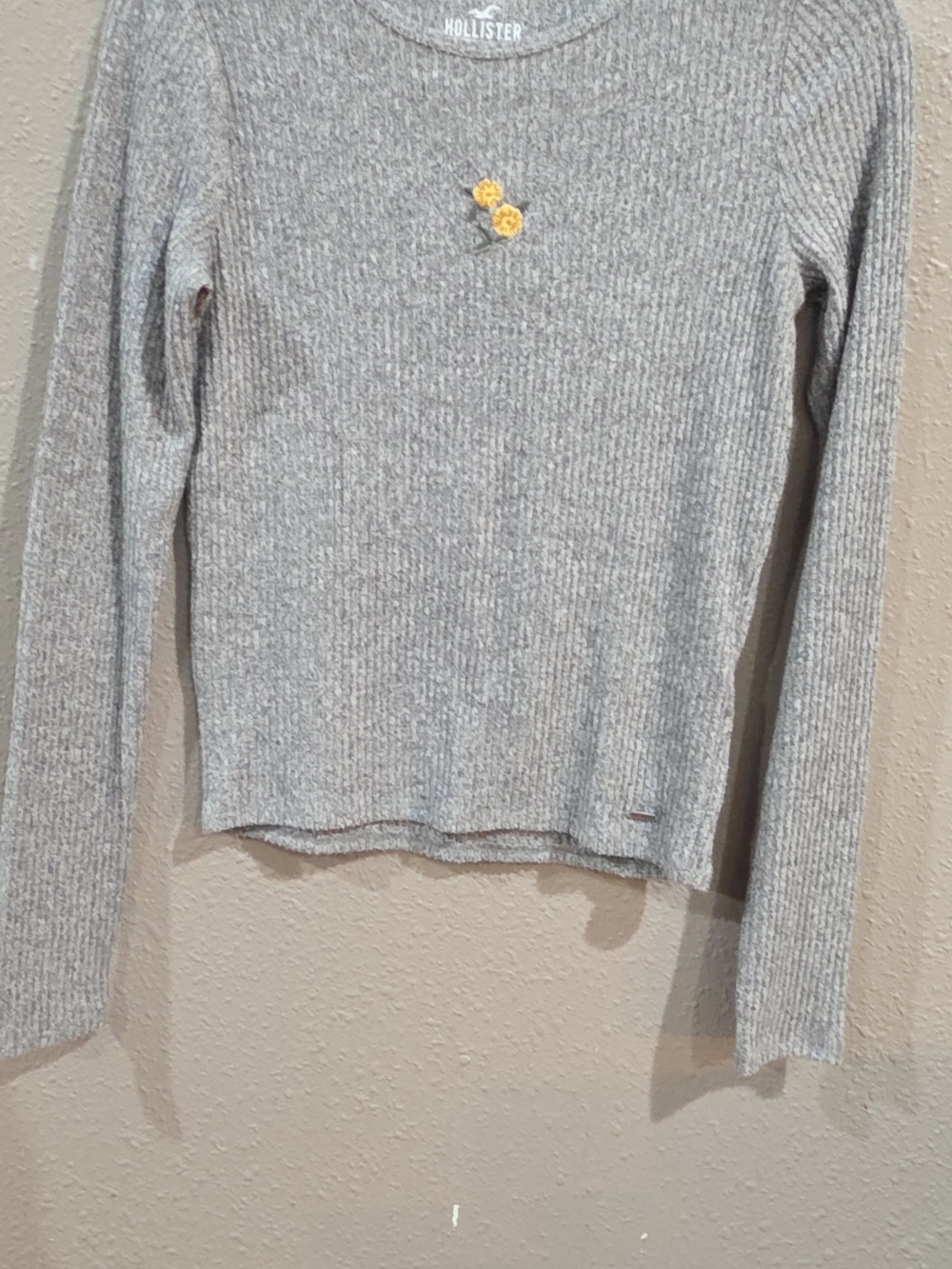 Hollister Grey Ribbed Long-Sleeve Top with Yellow Flower Embroidery